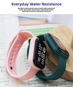 Detail of pink and green digital sports watches featuring heart rate and step counter display