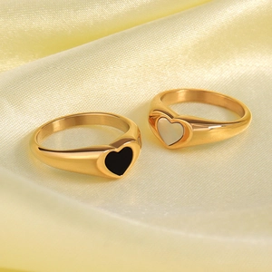 18K gold plated stainless steel rings with black and white heart epoxy insets