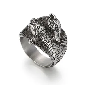 Double Wolf Head Ring Vintage Titanium Steel Nordic Viking Punk Style Jewelry For Men