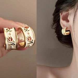 French vintage tulip enamel hoop earrings with red floral pattern and gold finish