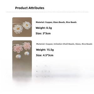Detail specifications for handmade beaded flower earrings with pearl and size details