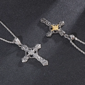 Gothic cross necklace in vintage silver and two-tone steel with detailed engraving