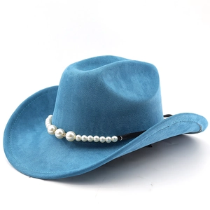 Detail of blue suede cowboy hat featuring pearl beads and large curved brim