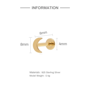 Detail view of gold S925 sterling silver moon stud earring with 8mm size specification