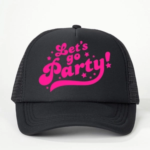 Detail of black trucker hat featuring pink Let's go Party text and breathable mesh back