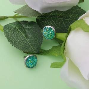 Minimalist 8mm stainless steel stud earrings with shimmering green glitter inlays