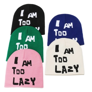 Winter knit beanies in five colors featuring I Am Too Lazy jacquard lettering design