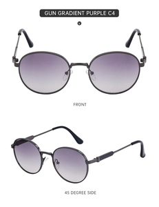 Detailed front and 45-degree side views of round metal sunglasses with purple gradient lenses