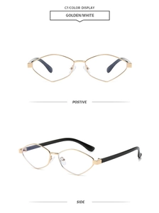 Detail of vintage geometric sunglasses with gold metal frames and black temples in two angles