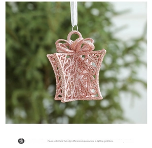 Pink glitter hollow gift box Christmas tree ornament with bow and silver string detail