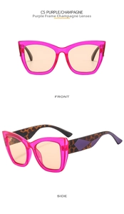 Detailed front and side views of cat eye sunglasses with purple frames and leopard temples