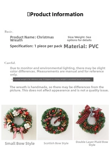 Detail view of PVC Christmas wreaths with pine cones, red berries and plaid bows