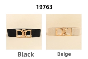 Elastic waist belts in black and beige with interlocking gold double D rings