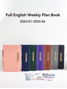 Detailed set of 18-month faux leather planners in 7 colors with elastic bands and pens