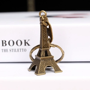 Detail of vintage bronze Eiffel Tower keychain with Paris and France engravings