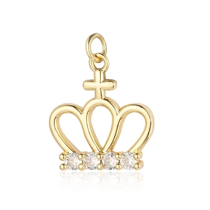 Detailed close-up of a gold-plated crown pendant with sparkling cubic zirconia stones
