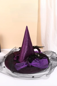 Detail of purple satin witch hat with black feathers, mesh veil and tiny spider accents