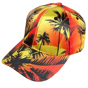 Satin baseball cap featuring a vibrant tropical palm tree print and sunset gradient design