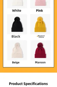 Détails de bonnets d'hiver avec pompons en blanc, rose, noir, jaune, beige et bordeaux