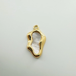 Detailed view of irregular 18K gold plated pendant with white mother of pearl inlay