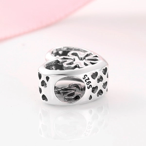 S925 sterling silver hollow heart bead charm with snowflake engraving for DIY bracelets