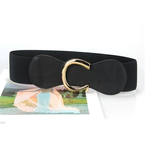 Chic black elastic waist belt for dresses featuring a bold gold C-shape metal buckle