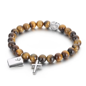 Brown tiger eye stone beaded bracelet with stainless steel cross and Bible charms