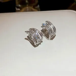 Crossed multilayer zircon hoop earrings in silver-plated finish for a luxury look