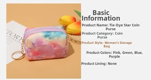 Close-up of star pattern tie-dye mini pouch with purple zipper and golden keychain