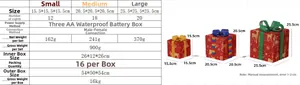 Size chart for 3-piece LED Christmas gift boxes with deer pattern and bow decoration