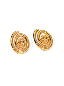 Macro shot of gold spiral earrings with polished mirror finish and geometric design