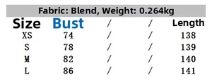 Detailed size chart for the printed long dress featuring bust and length measurements