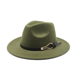 Vintage olive green wool fedora hat with black leather band and gold metal buckle