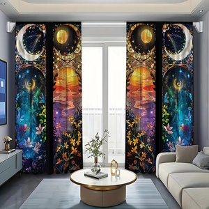 Detail of stained glass celestial curtains featuring moon and mushroom forest patterns