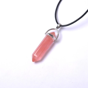 Natural pink crystal hexagonal column pendant necklace with silver clasp and black cord