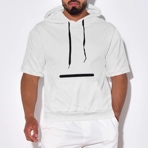 Men's white hooded short sleeve t-shirt with breathable honeycomb mesh and black drawstrings