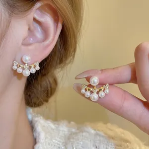 Fan Shaped Heart Artificial Pearl Stud Earrings With Zircon Copper And Silver Earring Post Elegant Fashion Jewelry For Women