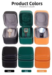 Portable PU leather watch travel case set in black, dark green and orange with zipper