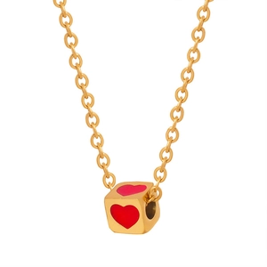 Gold titanium steel necklace featuring a unique red heart cube pendant in a modern style