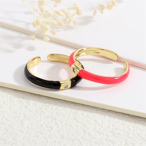 18K gold plated adjustable open rings with black and pink enamel and zircon accents