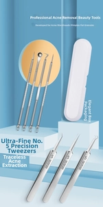 Close-up of 7-piece stainless steel blackhead remover tool set with storage box