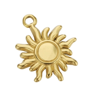 Polished golden stainless steel sun pendant for DIY jewelry and necklaces on white background