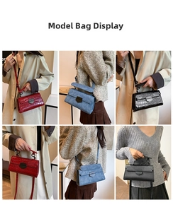 Detail view of retro crossbody bags in crocodile texture and matte leather with metal clasp