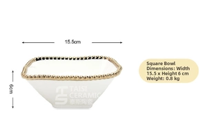 Detailed view of white ceramic square bowl with elegant gold beaded rim and measurements