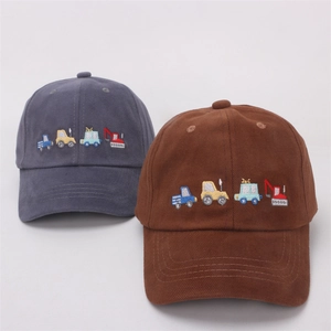 Detail of high-quality cartoon vehicle embroidery on cotton kids baseball caps