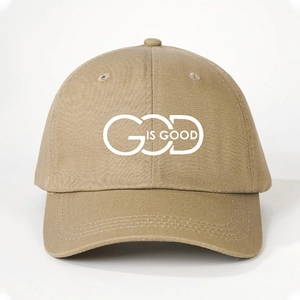 Khaki cotton baseball cap with white GOD IS GOOD print and adjustable curved brim