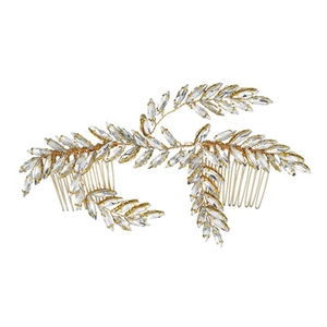 Detailed view of handmade gold bridal hair comb with rhinestone leaves and pearls