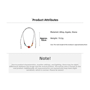 Detail of colorful stone and agate beaded necklace showing alloy materials and 92cm length