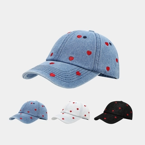 Heart Embroidered Denim Baseball Cap Adjustable Cotton Sun Protection Casual Sweet Outdoor Hat For Women Men