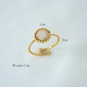 Detail showing pink natural stone ring dimensions 1cm stone and 2cm width gold band
